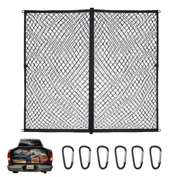 Uxcell Highly Elastic Cargo Net 4' x 4' Cargo Net for Pickup Truck Bed Double Layer Stretchable Mesh Organizer with 6pcs Metal D-Clips for ATV SUV Trailer