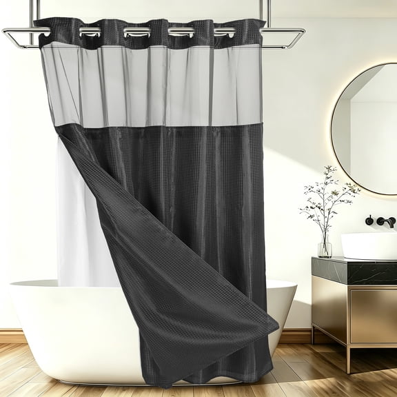 Uxcell No Hook Shower Curtain, 71Wx72L" Polyester Snap-in Removable Liner Set, Waterproof Washable Waffle Weave Textured Shower Curtains for Home Bathroom Hotel, Black