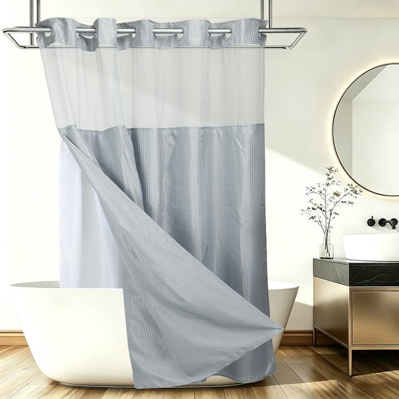 Uxcell No Hook Shower Curtain, 71Wx78L" Polyester Snap-in Removable Liner Set, Waterproof Washable Waffle Weave Textured Shower Curtains for Home Bathroom Hotel, Gray