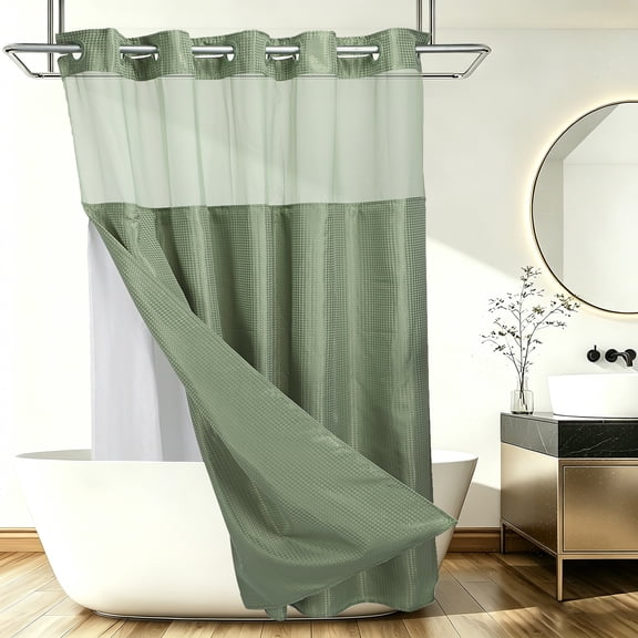 Uxcell No Hook Shower Curtain, 71Wx78L" Polyester Snap-in Removable Liner Set, Waterproof Washable Waffle Weave Textured Shower Curtains for Home Bathroom Hotel, Green