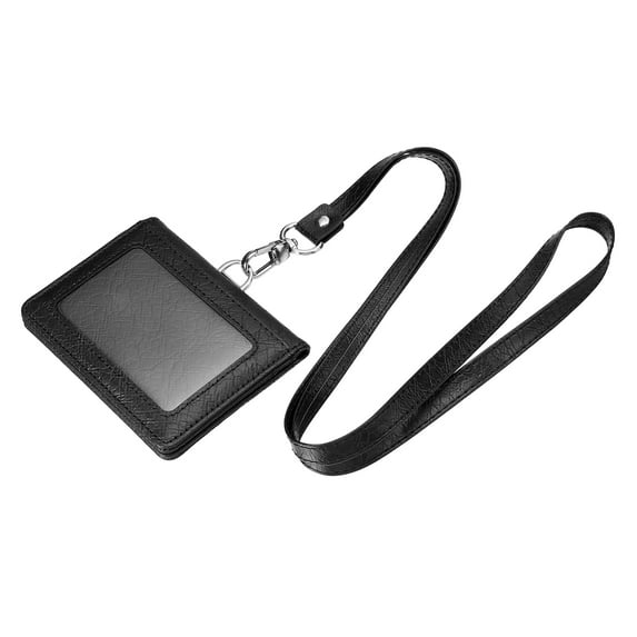 Uxcell Horizontal Magnetic Folded 5 Card Slots PU ID Badge Holder with Lanyard Black