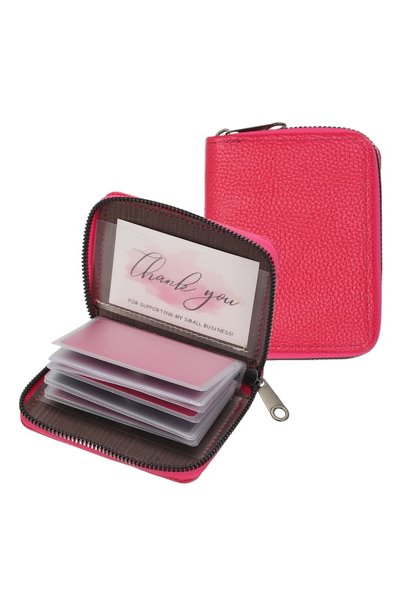 ID Case Organizer with Zipper, Zipper Card Case Organizer, Leather Credit Card Holder with 20 Card Slots for Women Men Small Zipper Wallet, Pink (Window style)