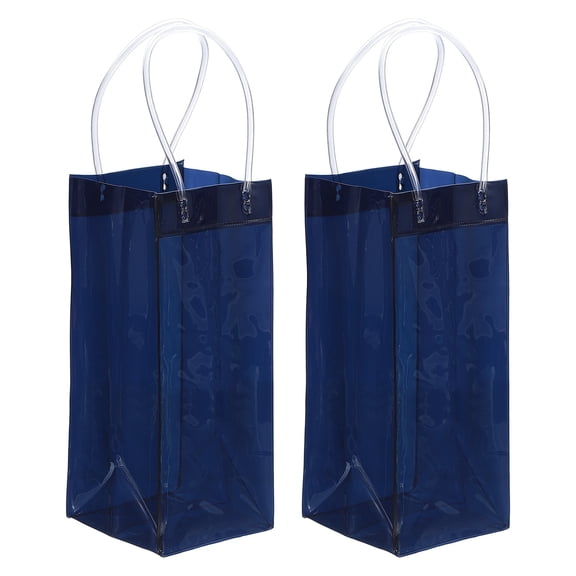Uxcell Ice Wine Bag, Portable Collapsible Clear Wine Pouch Cooler Clear Gift Bags with Handles for Champagne Navy Blue