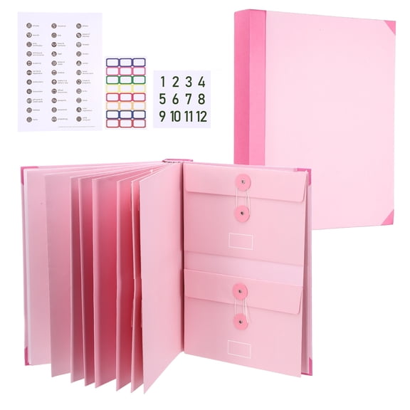 Uxcell Important Document Organizer, A4 Document Binder Folio Folder with Pocket, Expanding File Folder with Label Stick for Office Home Birth Certificate/Passport/Record, Pink