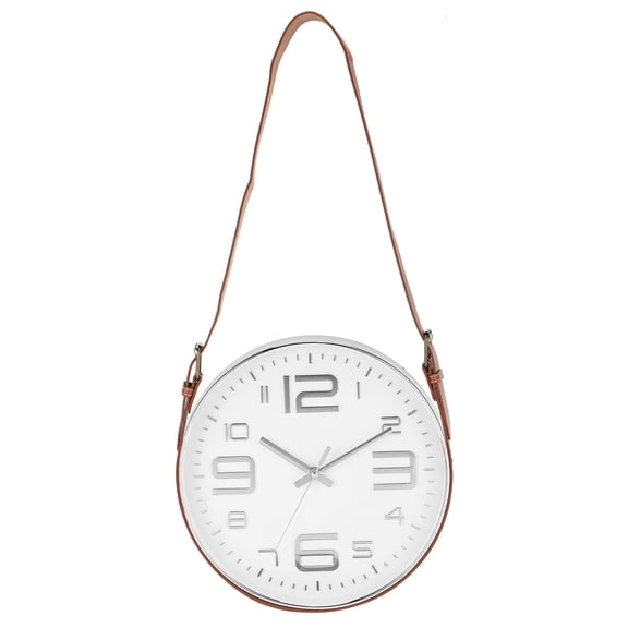 Uxcell Industrial Wall Clock with Leather Strap, 12 Inch Silent Non-Ticking Round Clock Modern Large Decorative for Living Room Kitchen Office, Large Numerals Style Silver/Brown