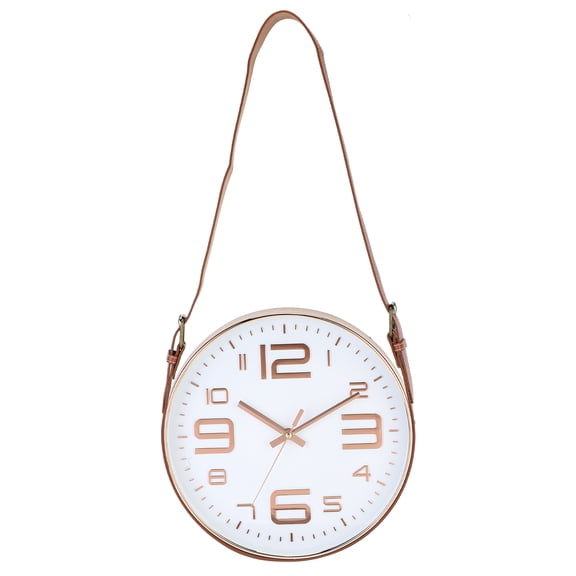 Uxcell Industrial Wall Clock with Leather Strap, 12 Inch Silent Non-Ticking Round Clock Modern Large Decorative for Living Room Kitchen Office, Large Numerals Style Rose Gold/Brown
