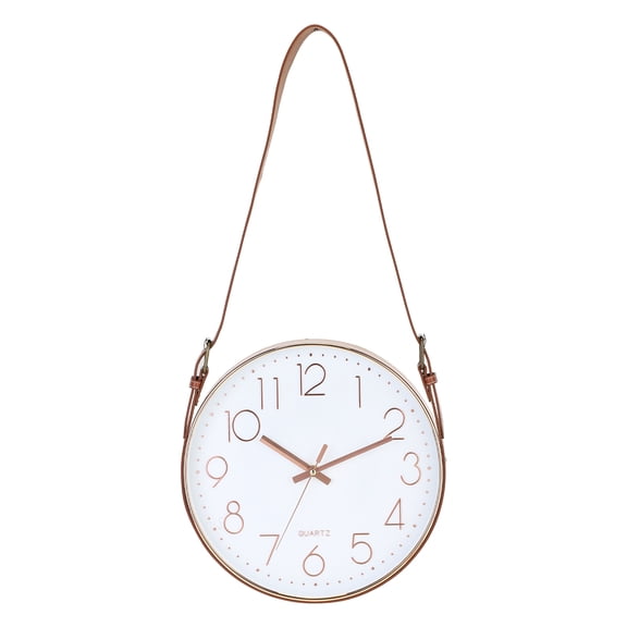 Uxcell Industrial Wall Clock with Leather Strap, 12 Inch Silent Non-Ticking Round Clock Modern Large Decorative for Living Room Kitchen Office, Numerals Style Rose Gold/Brown