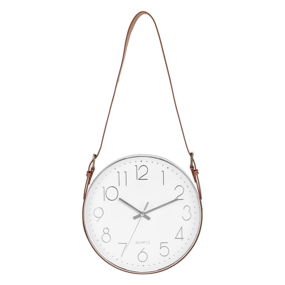 Uxcell Industrial Wall Clock with Leather Strap, 12 Inch Silent Non-Ticking Round Clock Modern Large Decorative for Living Room Kitchen Office, Numerals Style Silver/Brown