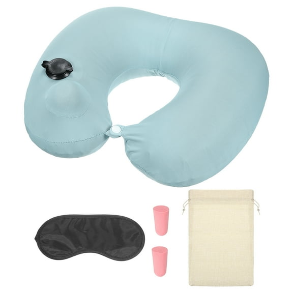 Uxcell Inflatable Silk Neck Pillow for Travel Airplane with Eye Mask Earplugs Storage Bag, Blue