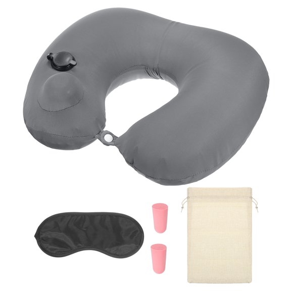 Uxcell Inflatable Silk Neck Pillow for Travel Airplane with Eye Mask Earplugs Storage Bag, Gray