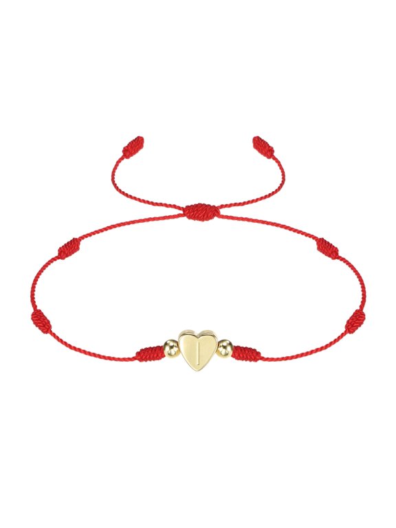 Initial Bracelet, Adjustable Heart Link Letter I Handmade Rope Braided Bracelet Gold Plated Alphabet Charm Jewelry, Red