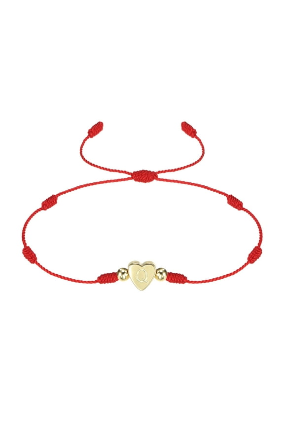 Initial Bracelet, Adjustable Heart Link Letter Q Handmade Rope Braided Bracelet Gold Plated Alphabet Charm Jewelry, Red