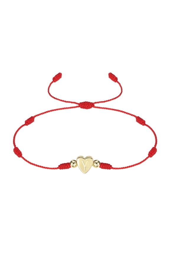 Initial Bracelet, Adjustable Heart Link Letter Y Handmade Rope Braided Bracelet Gold Plated Alphabet Charm Jewelry, Red