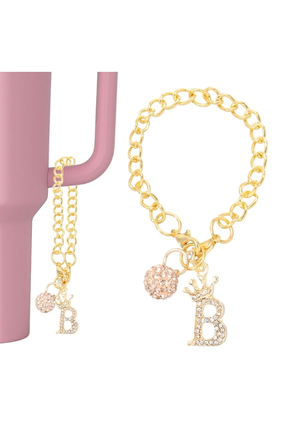 Initial Charm Keychain for Cup Holder, Bling Crown Letter B