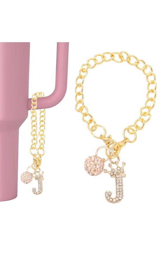 Initial Charm Keychain for Cup Holder, Bling Crown Letter J