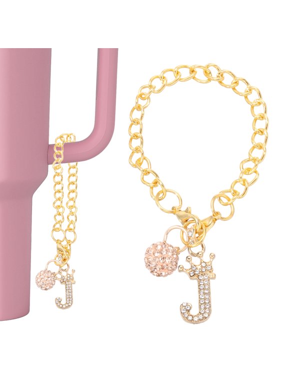 Initial Charm Keychain for Cup Holder, Bling Crown Letter J