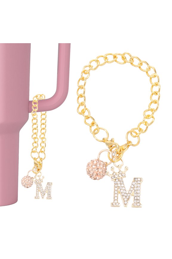 Initial Charm Keychain for Cup Holder, Bling Crown Letter M