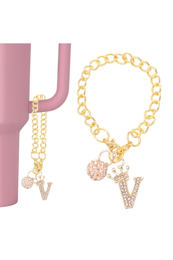 Initial Charm Keychain for Cup Holder, Bling Crown Letter V