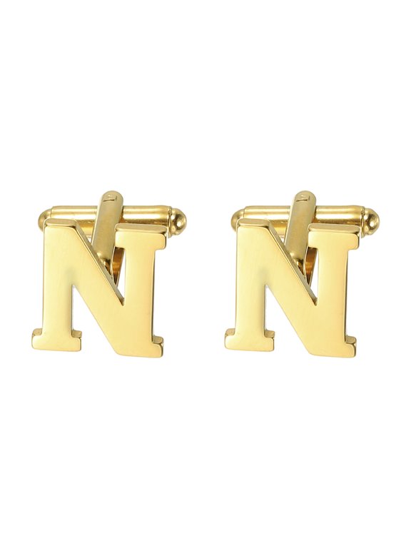 Initial Cufflinks, Classic Alphabet Letter N Stainless Steel Men Cuff Links 26 Letters A-Z with Box for Men Father Husband Weddings Gift Business Birthday, Gold Tone