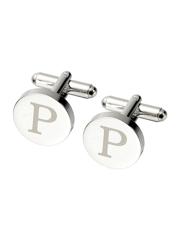 Initial Cufflinks, Classic Alphabet Letter P Copper Round Men Cuff Links 26 Letters A-Z for Men Father Husband Weddings Gift Business Birthday, Silver