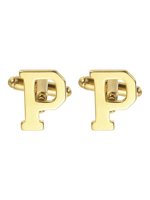 Initial Cufflinks, Classic Alphabet Letter P Stainless Steel Men Cuff Links 26 Letters A-Z with Box for Men Father Husband Weddings Gift Business Birthday, Gold Tone
