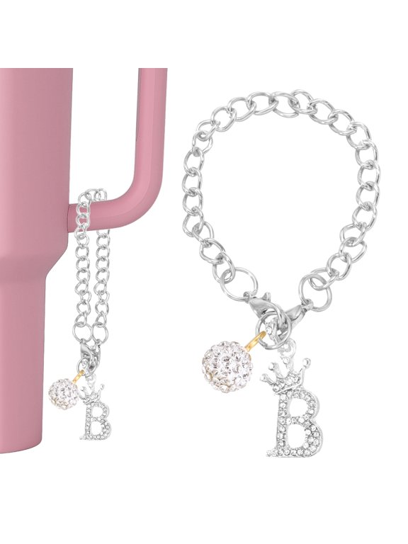Initial Disco Ball Charm Keychain for Cup Holder, Bling Crown Letter B