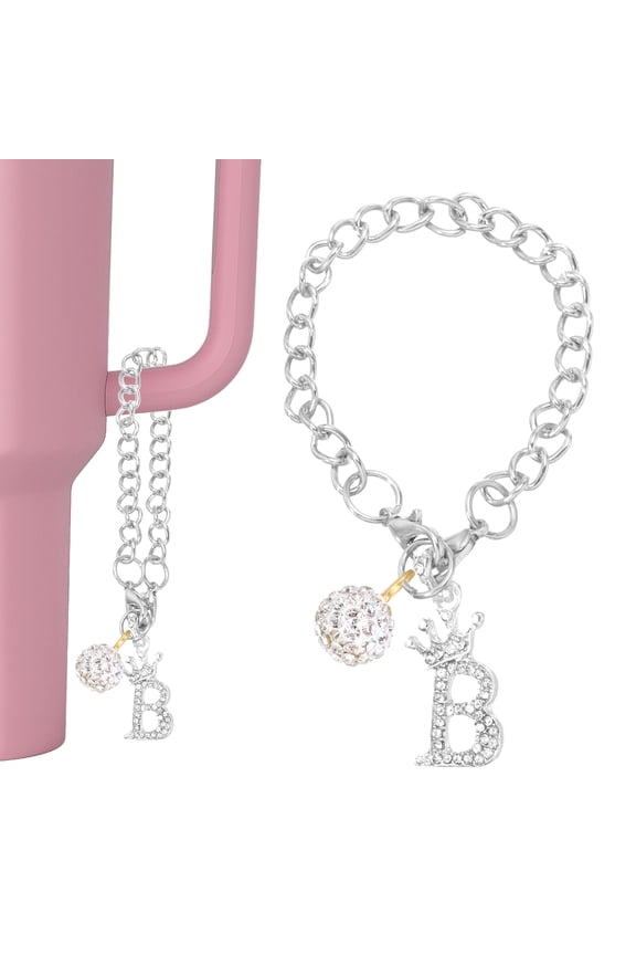 Initial Disco Ball Charm Keychain for Cup Holder, Bling Crown Letter B