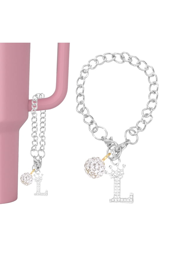 Initial Disco Ball Charm Keychain for Cup Holder, Bling Crown Letter L