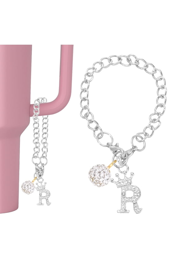 Initial Disco Ball Charm Keychain for Cup Holder, Bling Crown Letter R