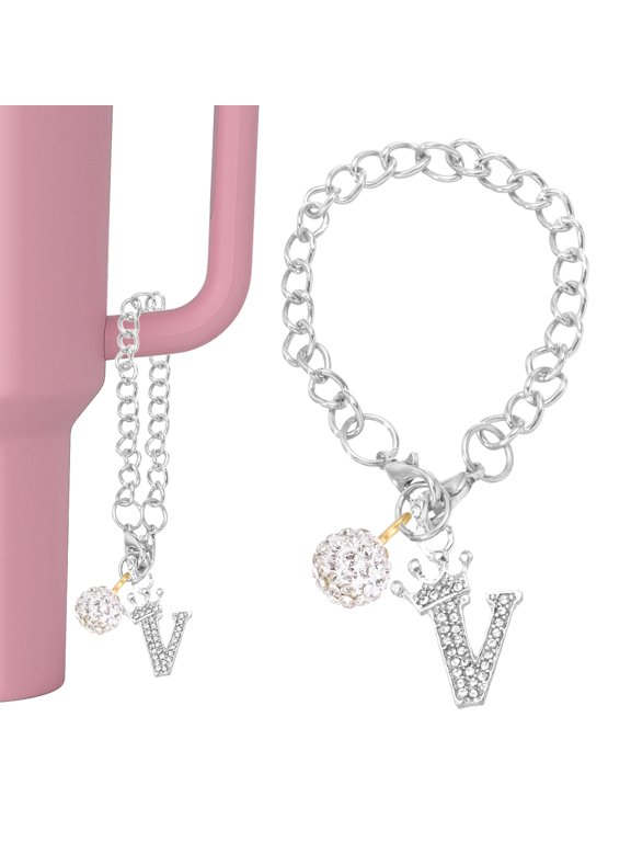 Initial Disco Ball Charm Keychain for Cup Holder, Bling Crown Letter V