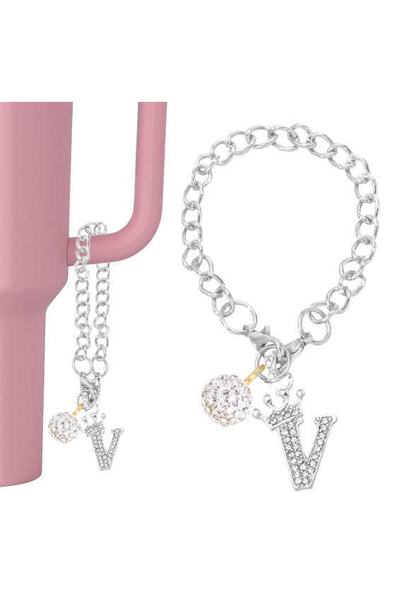 Initial Disco Ball Charm Keychain for Cup Holder, Bling Crown Letter V