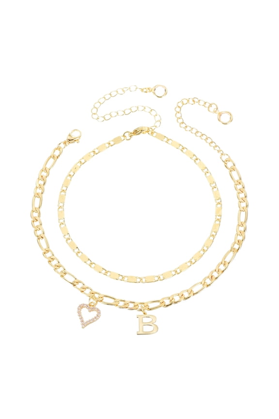 Initial Heart Ankle Bracelets for Women, 14K Gold Plated Dainty Heart Letter B Layered Anklets 26 Alphabet Chain Letter A-Z with Box for Summer Beach Gift, Gold Tone