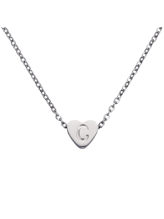 Initial Heart Necklace for Women, 18K Gold Plated Stainless Steel Chain Dainty Personalized Name Letter C Pendant Necklaces for Woman Jewelry Gifts, Silver Tone