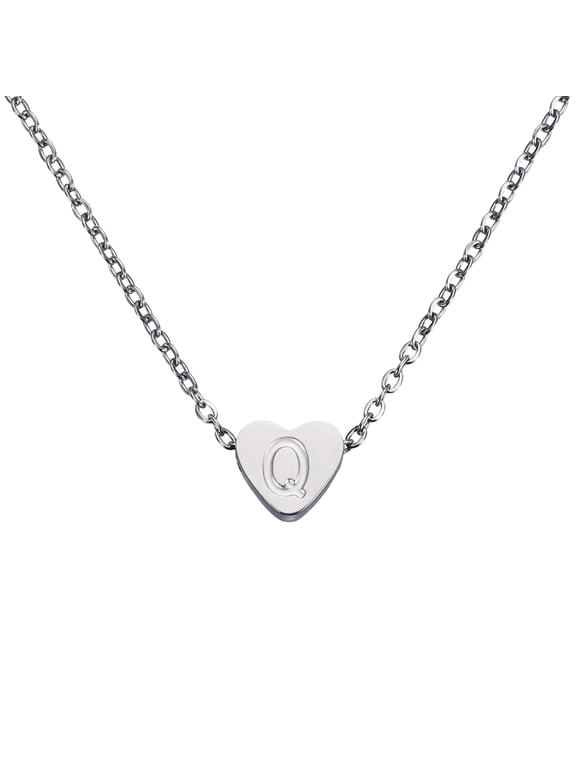 Initial Heart Necklace for Women, 18K Gold Plated Stainless Steel Chain Dainty Personalized Name Letter Q Pendant Necklaces for Woman Jewelry Gifts, Silver Tone