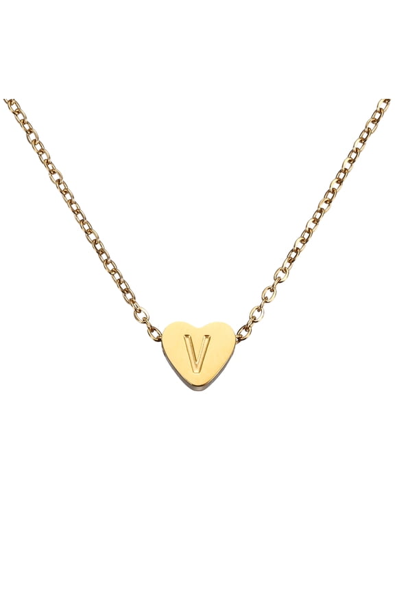 Initial Heart Necklace for Women, 18K Gold Plated Stainless Steel Chain Dainty Personalized Name Letter V Pendant Necklaces for Woman Jewelry Gifts, Gold Tone