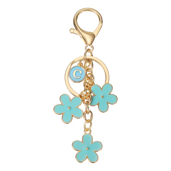 Uxcell Initial Keychain, Flower Charm Letter-C Key Chain Cute Floral Charm Letter Keyring for Women Car Keys Handbags Purse Backpack Accessory Gift, Blue