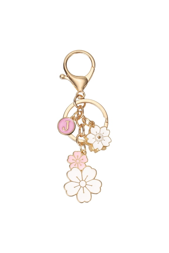 Initial Keychain, Flower Charm Letter-J Key Chain Cute Cherry Blossom Letter Keyring for Women Car Keys Handbags Purse Backpack Accessory Gift, Pink