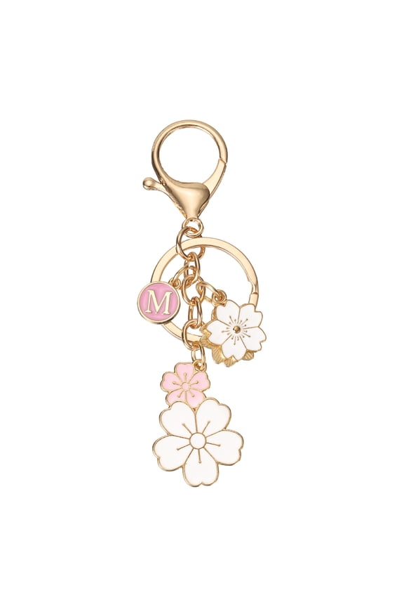 Initial Keychain, Flower Charm Letter-M Key Chain Cute Cherry Blossom Letter Keyring for Women Car Keys Handbags Purse Backpack Accessory Gift, Pink