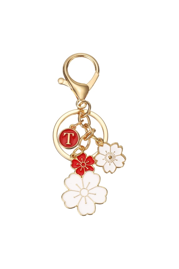 Initial Keychain, Flower Charm Letter-T Key Chain Cute Cherry Blossom Letter Keyring for Women Car Keys Handbags Purse Backpack Accessory Gift, Red