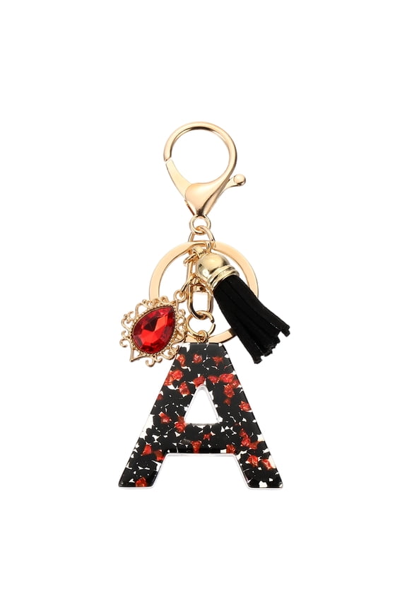 Initial Letter A Keychains, Resin Alphabet Key Ring with Tassel, Black/Red