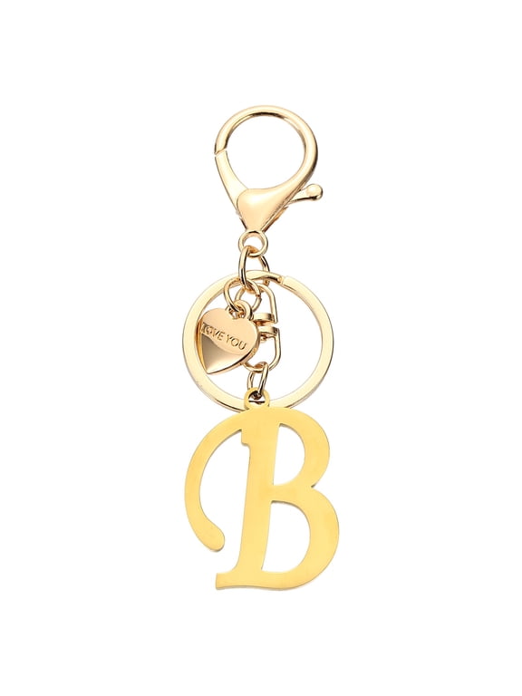 Initial Letter B Keychain, Stainless Steel Heart Alphabet Key Ring, Gold