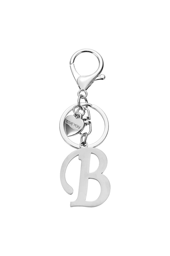 Initial Letter B Keychain, Stainless Steel Heart Alphabet Key Ring, Silver