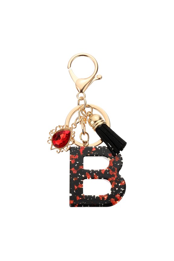 Initial Letter B Keychains, Resin Alphabet Key Ring with Tassel, Black/Red