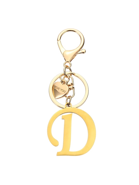 Initial Letter D Keychain, Stainless Steel Heart Alphabet Key Ring, Gold
