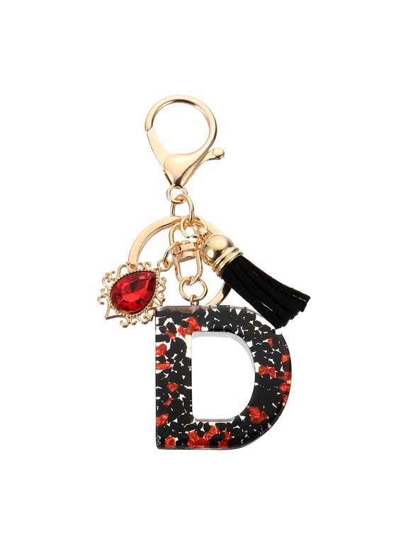 Initial Letter D Keychains, Resin Alphabet Key Ring with Tassel, Black/Red