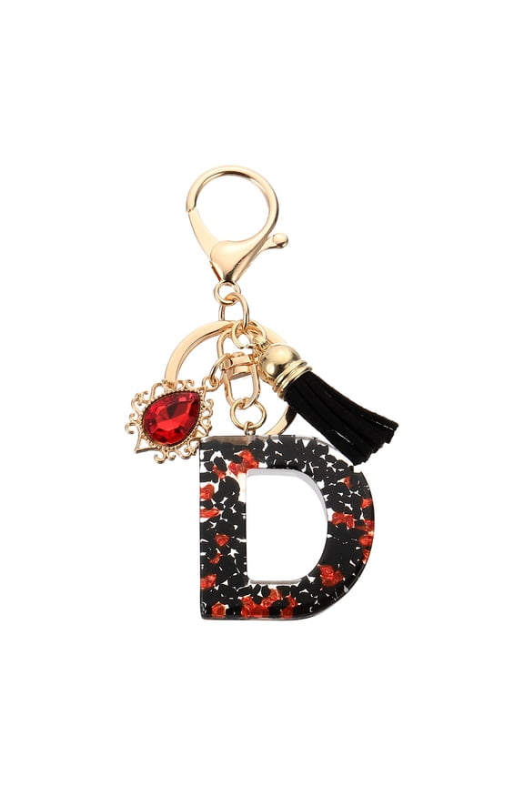 Initial Letter D Keychains, Resin Alphabet Key Ring with Tassel, Black/Red