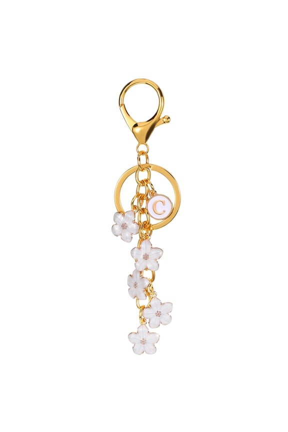 Initial Letter Flower Keychain, Alphabet C Enamel Charm Flower Keyring, White