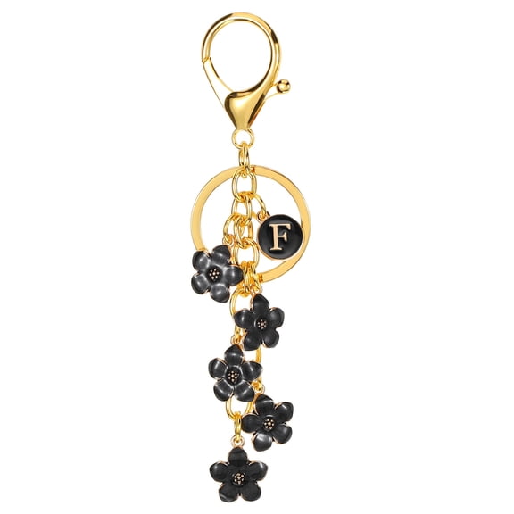 Uxcell Initial Letter Flower Keychain, Alphabet F Enamel Charm Flower Keyring, Black