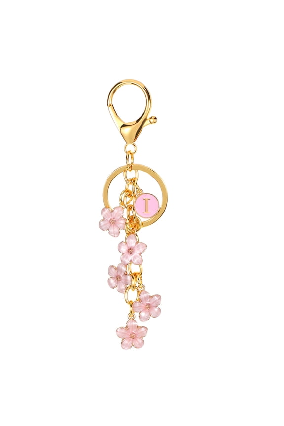 Initial Letter Flower Keychain, Alphabet I Enamel Charm Flower Keyring, Pink