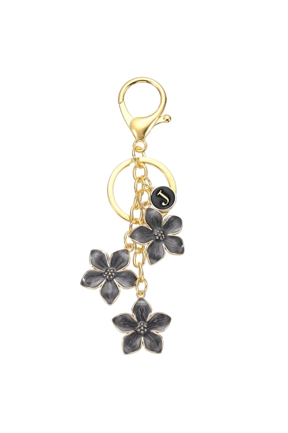 Initial Letter Flower Keychain, Alphabet J Drip Oil Black Charm Cherry Blossom